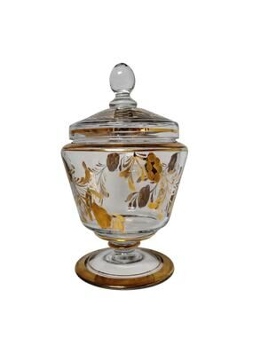 Vintage🏺Gold Leaf Etched Glass Pedestal Covered Dish Jar Lid Gilded Toscany MCM